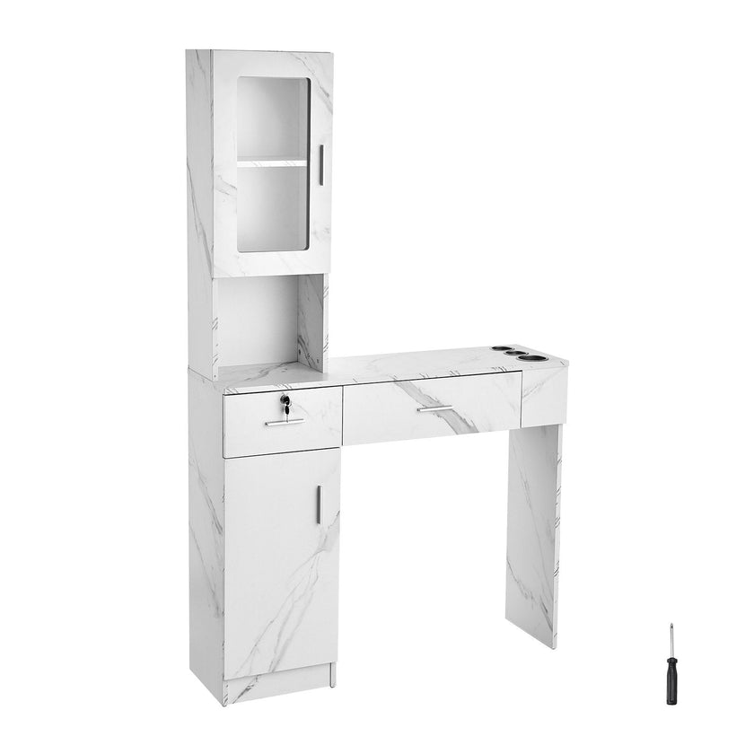VEVOR Salon Station, Wall Mount Barber Salon Station for Hair Stylist, Beauty Spa Furniture Set, 1 Storage Cabinet, 3 Cubbies and 2 Drawers(One Lockable), White