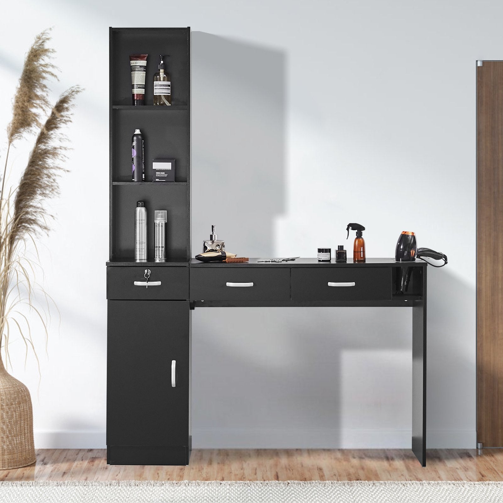 VEVOR Salon Station, Wall Mount Barber Salon Station for Hair Stylist, Beauty Spa Furniture Set, 1 Storage Cabinet, 3 Open Cubbies and 3 Drawers(One Lockable), Black
