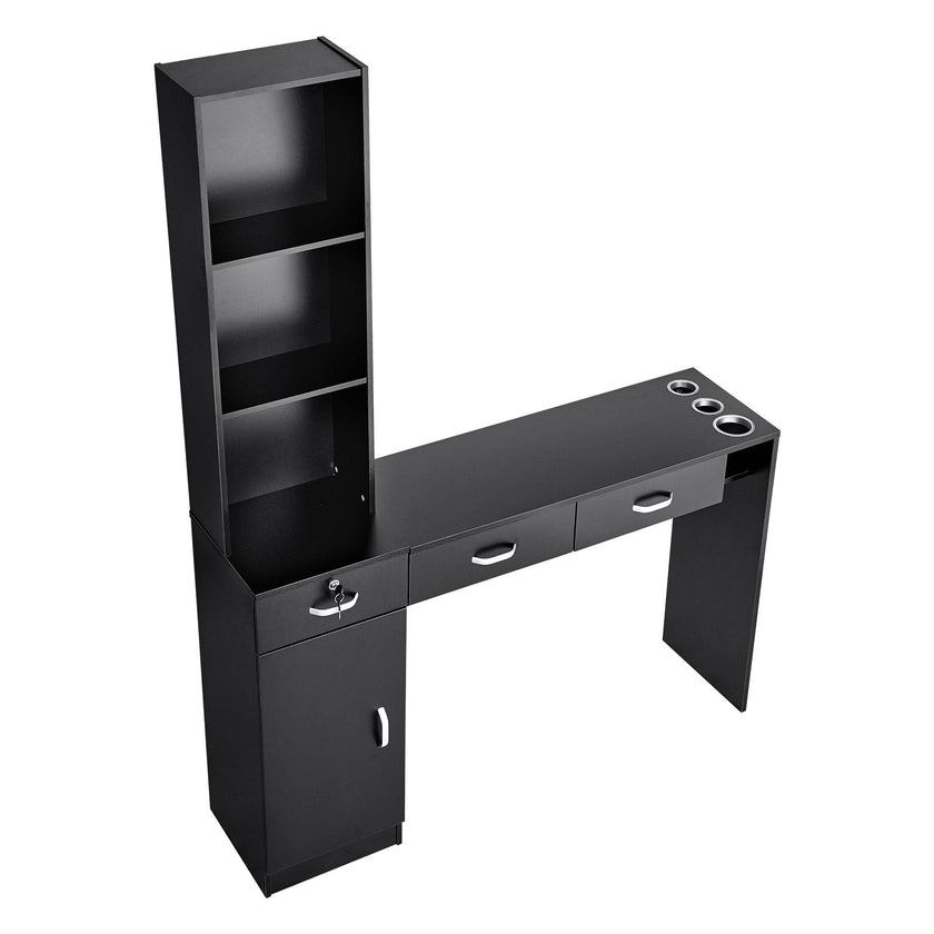 VEVOR Salon Station, Wall Mount Barber Salon Station for Hair Stylist, Beauty Spa Furniture Set, 1 Storage Cabinet, 3 Open Cubbies and 3 Drawers(One Lockable), Black