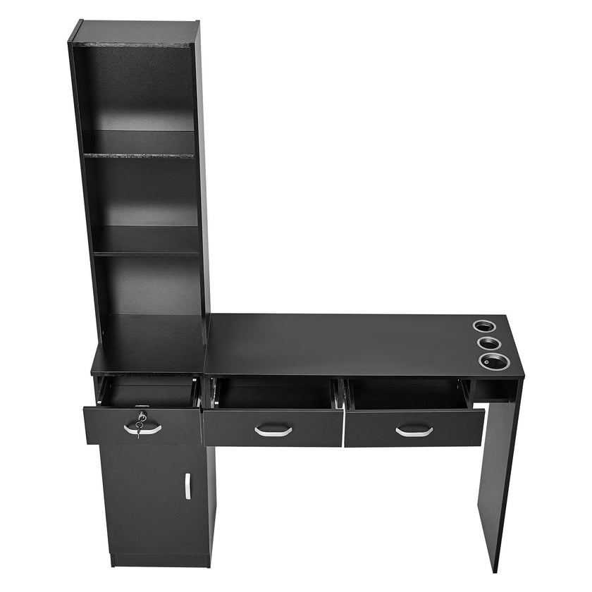 VEVOR Salon Station, Wall Mount Barber Salon Station for Hair Stylist, Beauty Spa Furniture Set, 1 Storage Cabinet, 3 Open Cubbies and 3 Drawers(One Lockable), Black