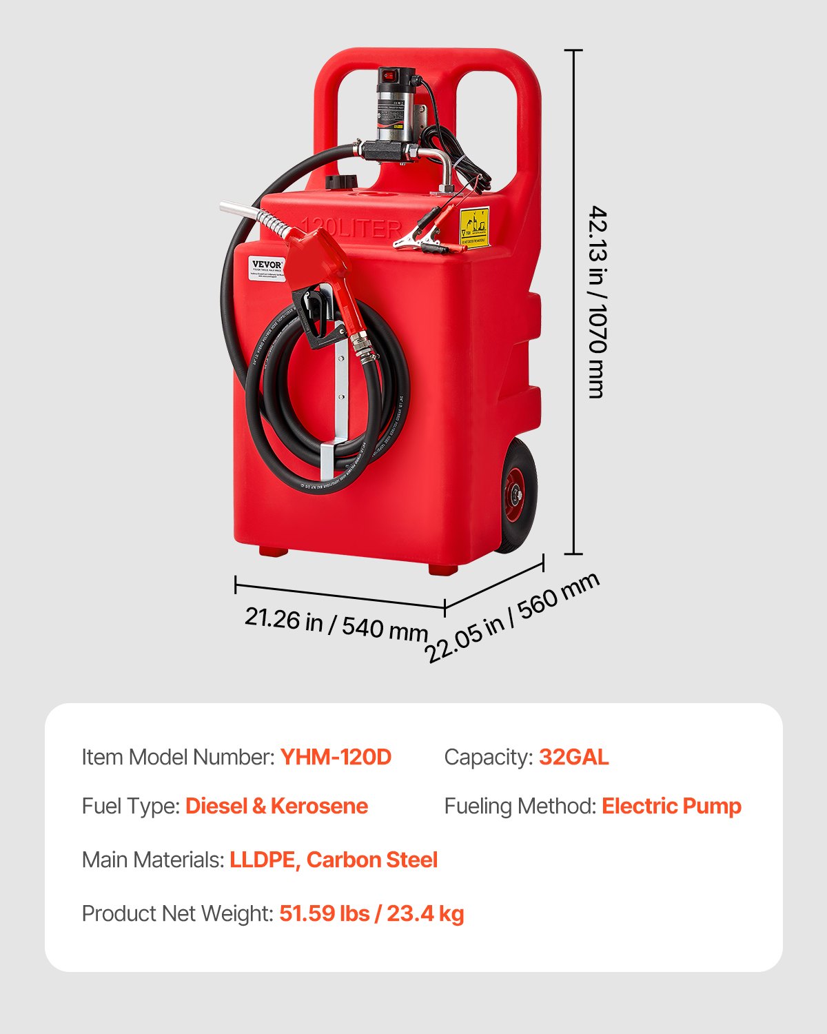 VEVOR Fuel Caddy 32 Gallon Portable Fuel Tank with 12V DC Electric Transfer Pump