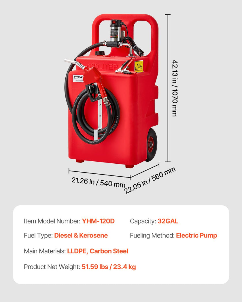 VEVOR Fuel Caddy 32 Gallon Portable Fuel Tank with 12V DC Electric Transfer Pump
