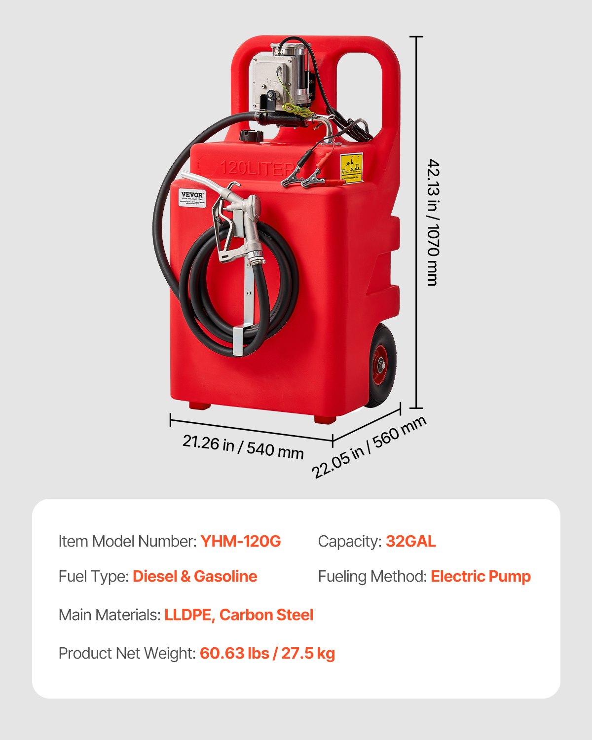 VEVOR Fuel Caddy 32 Gallon Fuel Tank with 12V DC 15 GPM Electric Transfer Pump
