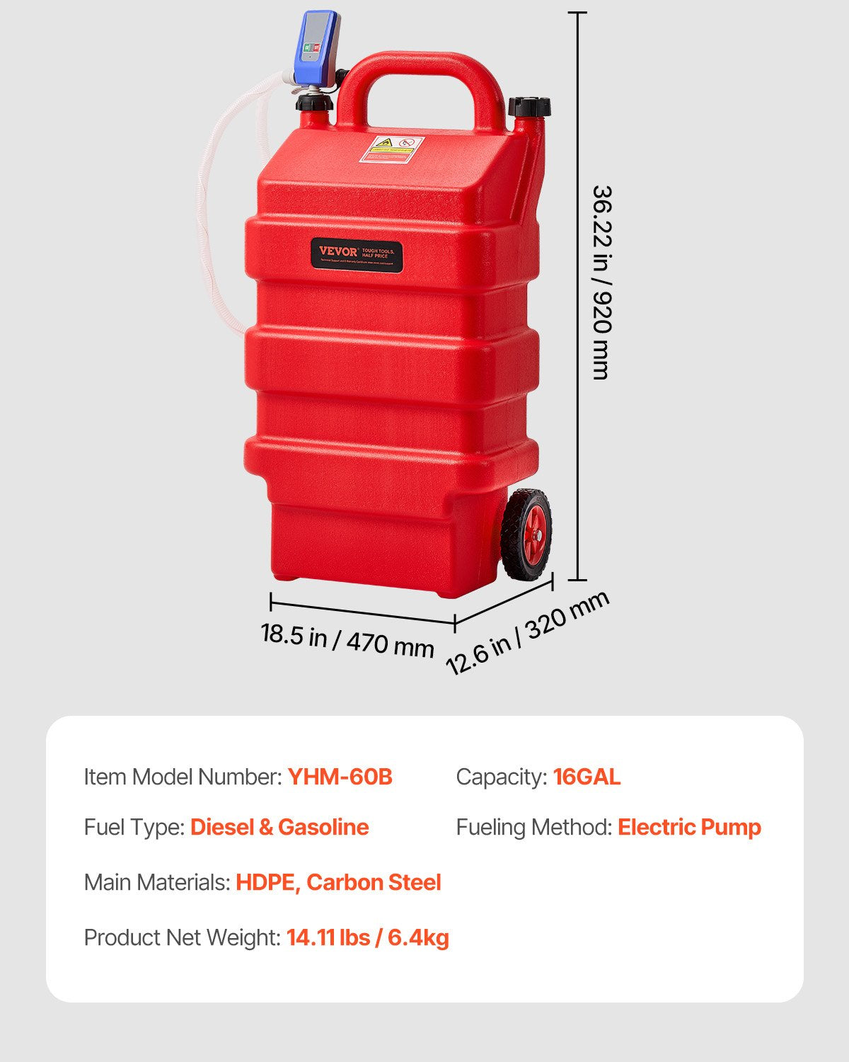 VEVOR Fuel Caddy 16 Gallon Portable Fuel Tank with 12V DC Electric Transfer Pump