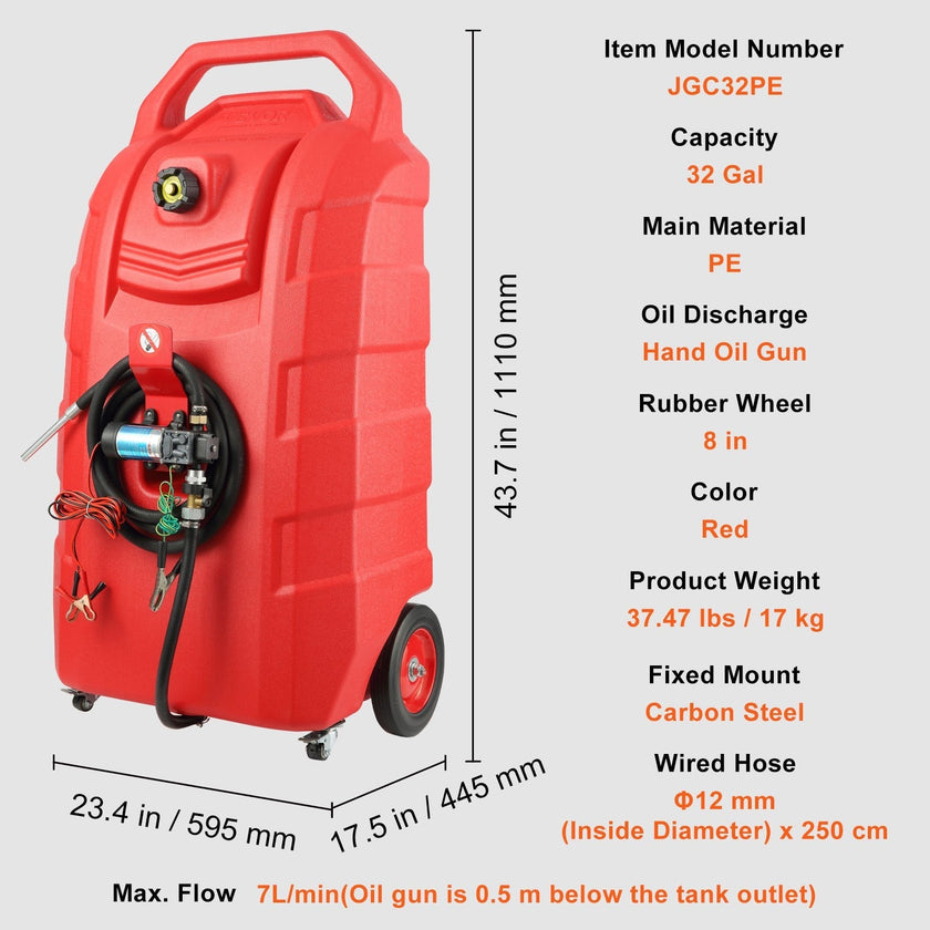 VEVOR Fuel Caddy, 32 Gallon, Portable Fuel Storage Tank On-Wheels, with 12V DC Transfer Pump, Gasoline Diesel Fuel Container with 8.2 ft Hose, Flow Rate 7L/min, for Trucks, Boats, Lawn Mowers