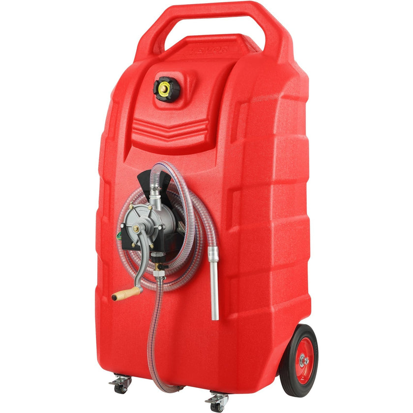 VEVOR Fuel Caddy, 32 Gallon, Portable Fuel Storage Tank On-Wheels, with Manual Transfer Pump, Gasoline Diesel Fuel Container for Cars, Lawn Mowers, ATVs, Boats, More, Red