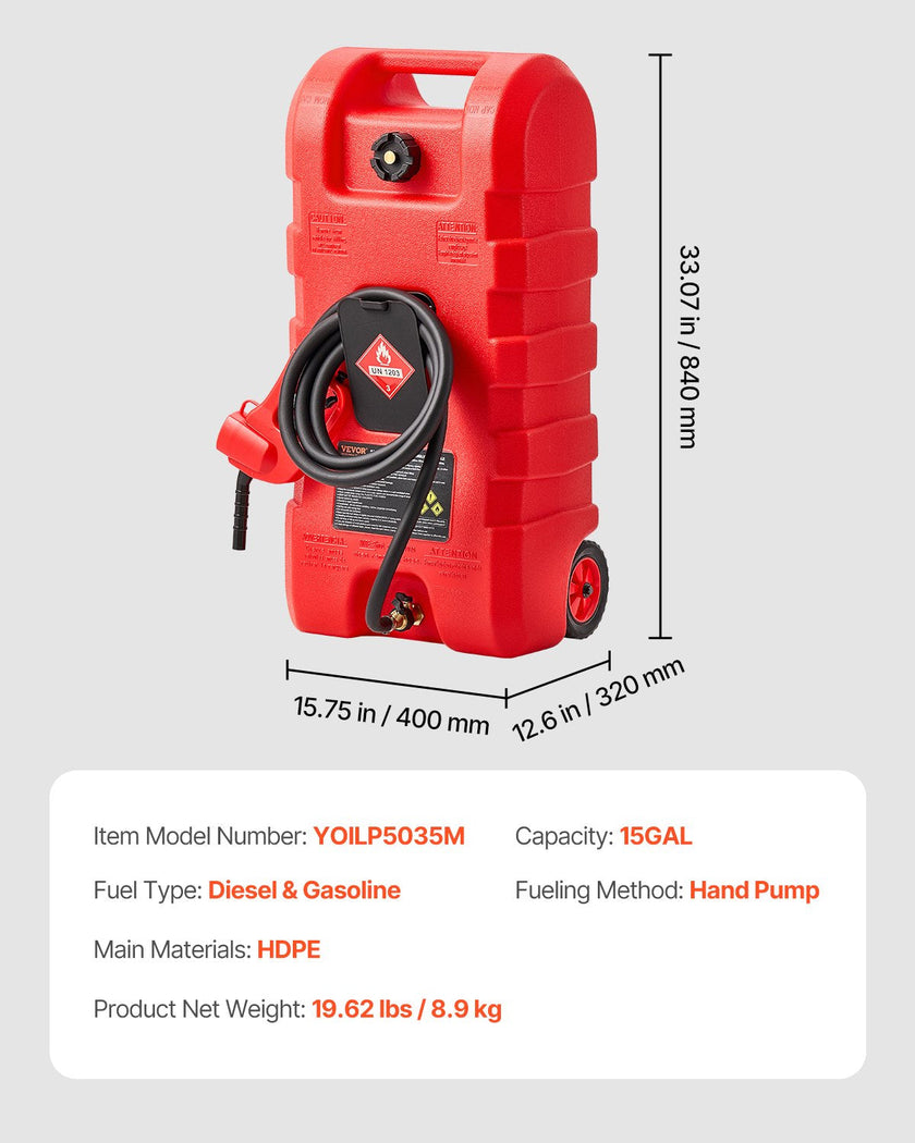 VEVOR Fuel Caddy 15 Gallon Portable Fuel Tank with Gravity & Hand Pump Modes