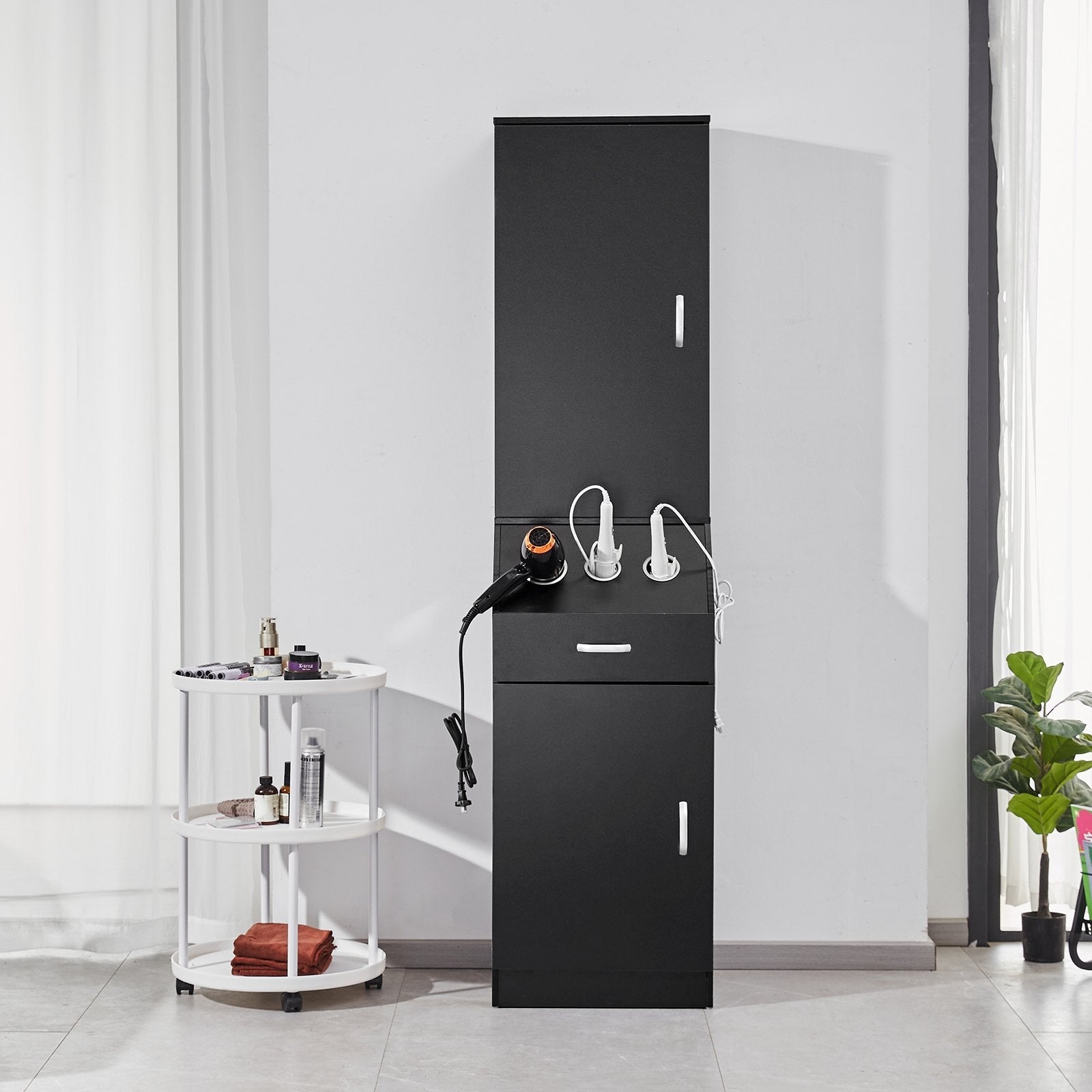 VEVOR Salon Storage Cabinet, Barber Salon Station for Hair Stylist, Hair Stylist Station Set, with 3 Hair Dryer Holders, Cabinets, and A Drawer, Black