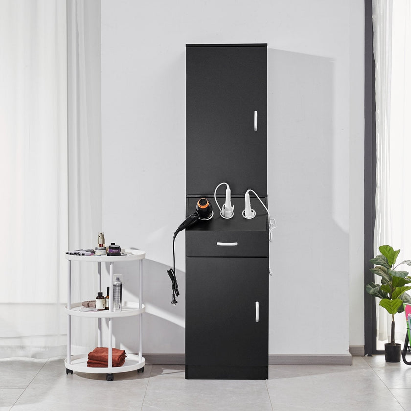 VEVOR Salon Storage Cabinet, Barber Salon Station for Hair Stylist, Hair Stylist Station Set, with 3 Hair Dryer Holders, Cabinets, and A Drawer, Black