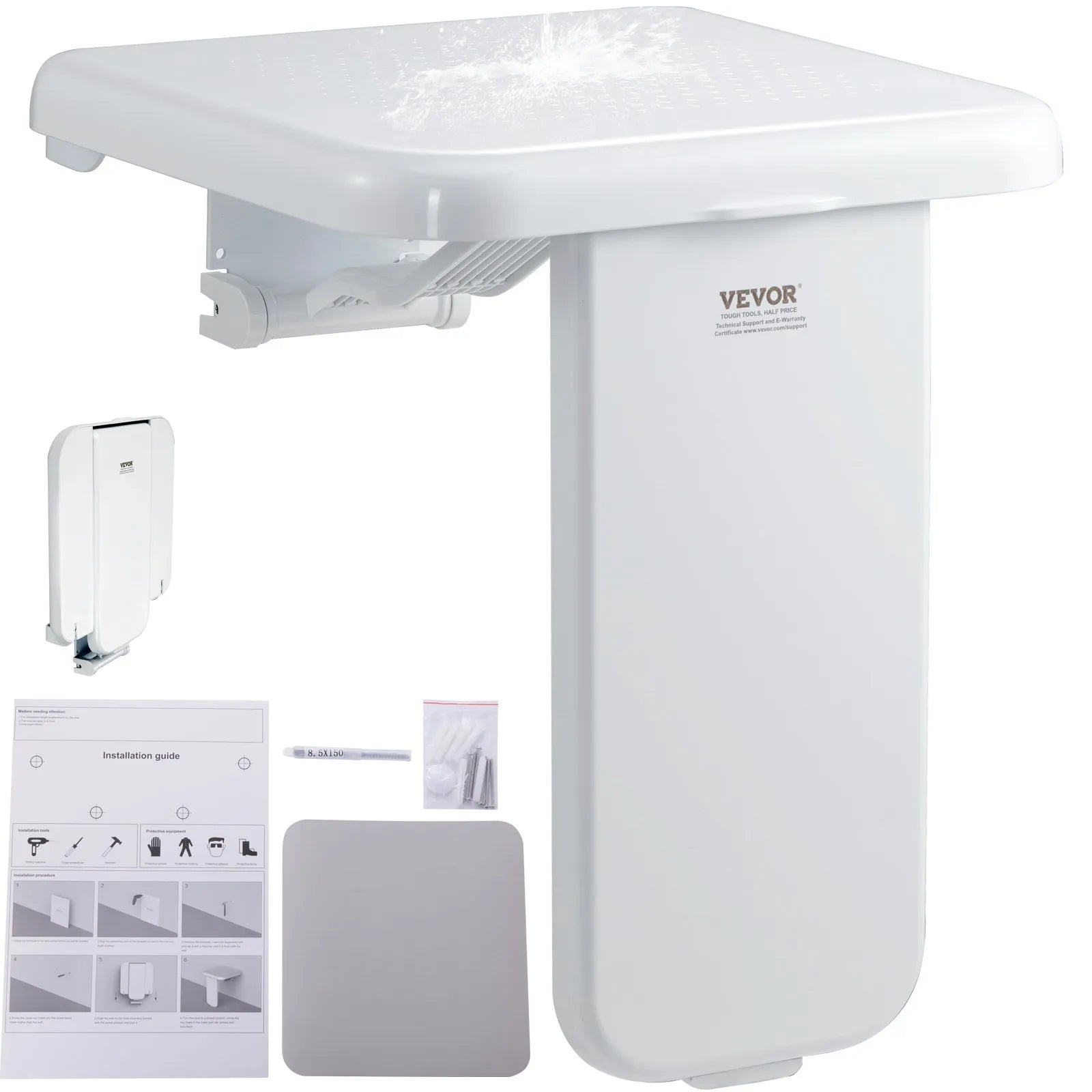VEVOR Folding ABS Shower Seat, 15.7'' x 16.7'' Unfolded, Wall Mounted Fold Up Shower Bench with 440 lbs Load Capacity, Space Saving Fold Down Shower Chair for Seniors Pregnant Women Children Adults