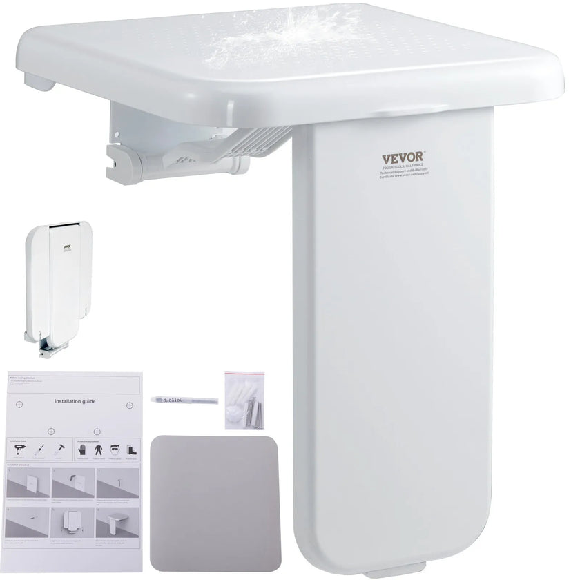 VEVOR Folding ABS Shower Seat, 15.7'' x 16.7'' Unfolded, Wall Mounted Fold Up Shower Bench with 440 lbs Load Capacity, Space Saving Fold Down Shower Chair for Seniors Pregnant Women Children Adults