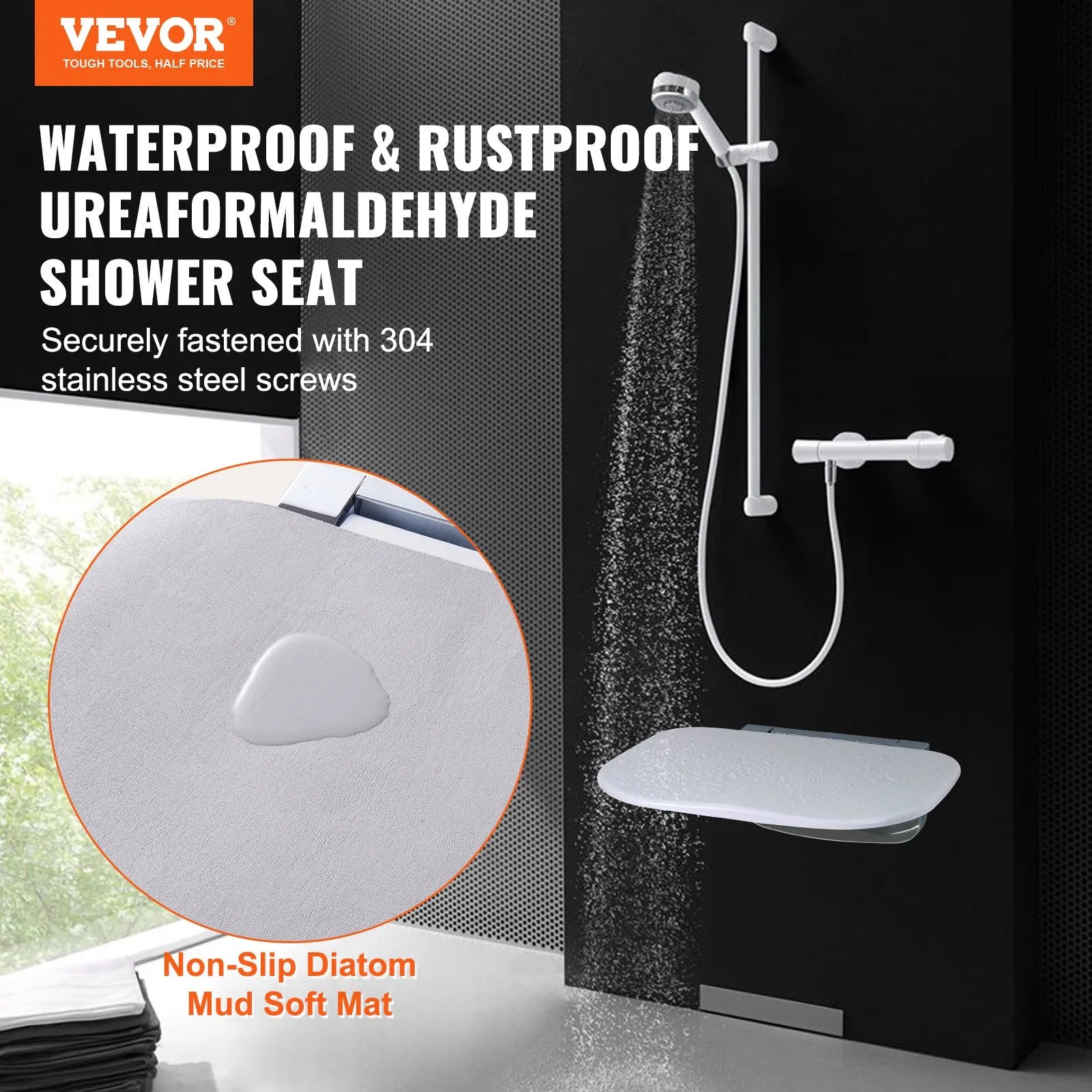 VEVOR Urea-formaldehyde Folding Shower Seat, 13.6'' x 12.8'' Unfolded, Wall Mounted Fold Up Shower Bench with 450 lbs Load Capacity, Space Saving Fold Down Shower Chair for Seniors Children Adults