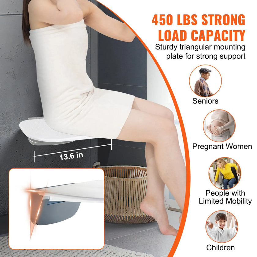 VEVOR Urea-formaldehyde Folding Shower Seat, 13.6'' x 12.8'' Unfolded, Wall Mounted Fold Up Shower Bench with 450 lbs Load Capacity, Space Saving Fold Down Shower Chair for Seniors Children Adults