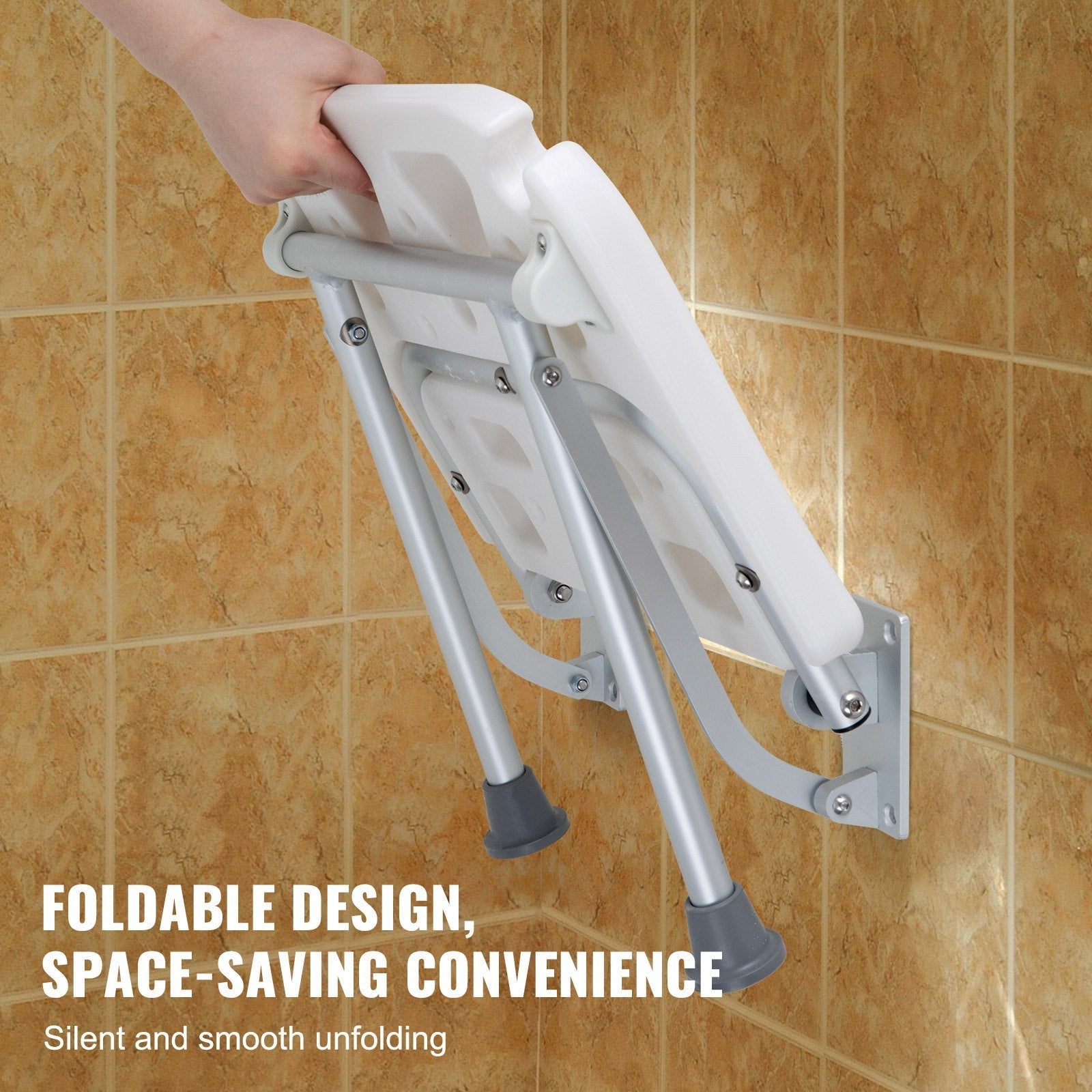 VEVOR Folding PE Shower Seat, 15.7'' x 14.8'' Unfolded, Wall Mounted Fold Up Shower Bench with 500 lbs Load Capacity, Space Saving Fold Down Shower Chair for Seniors Pregnant Women Children Adults