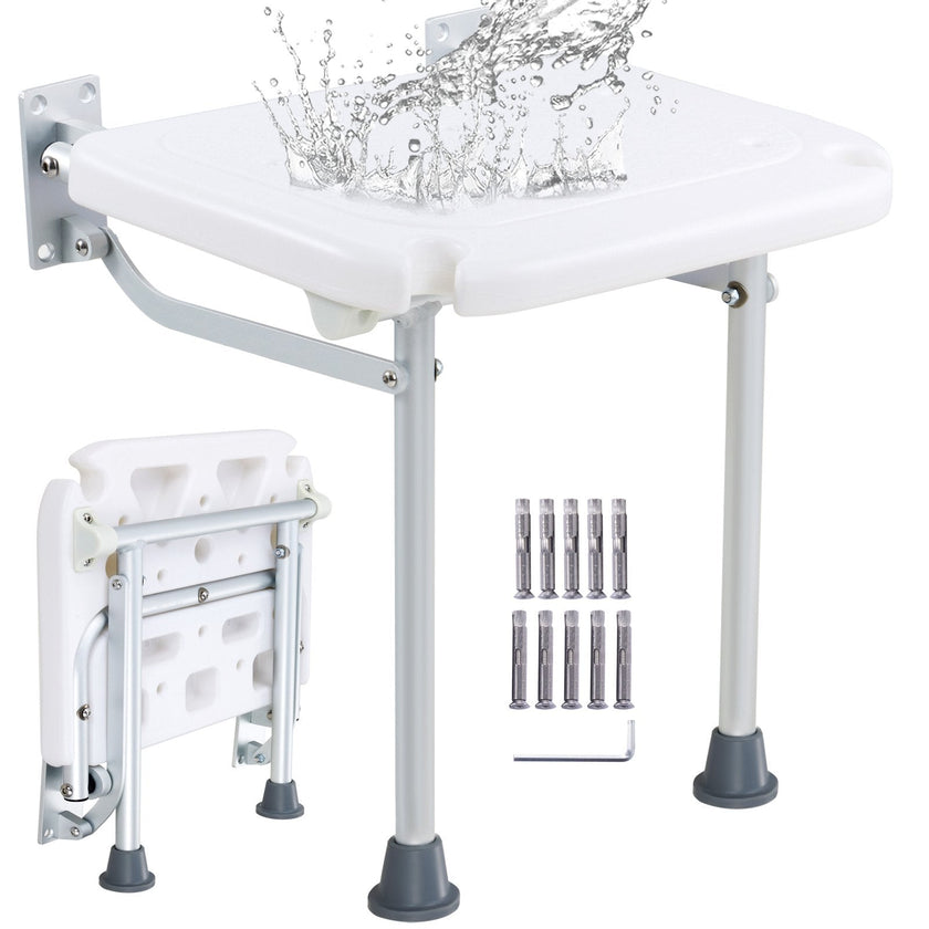 VEVOR Folding PE Shower Seat, 15.7'' x 14.8'' Unfolded, Wall Mounted Fold Up Shower Bench with 500 lbs Load Capacity, Space Saving Fold Down Shower Chair for Seniors Pregnant Women Children Adults
