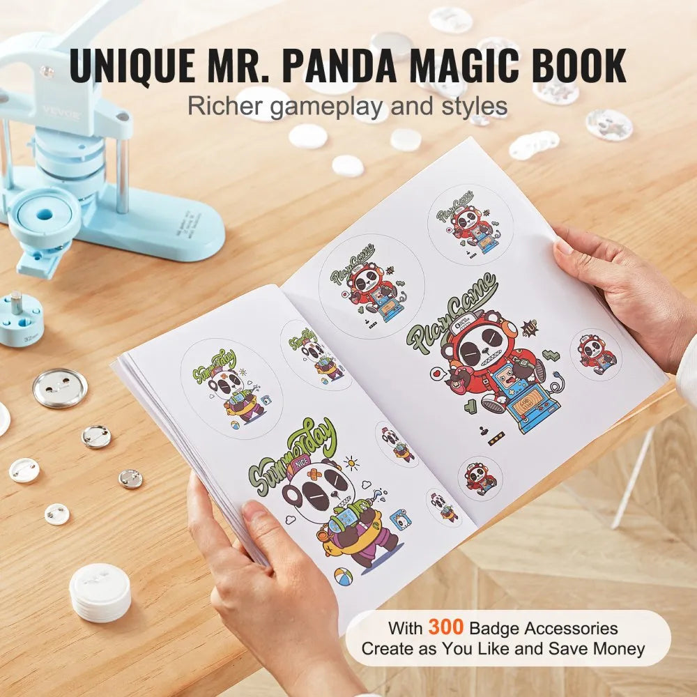 VEVOR Button Maker, 1/1.25/2.28 inch(25/32/58mm) 3-IN-1 Pin Maker, 300pcs Button Parts, Button Maker Machine with Panda Magic Book, Ergonomic Arc Handle Punch Press Kit, For Children DIY Gifts, Blue