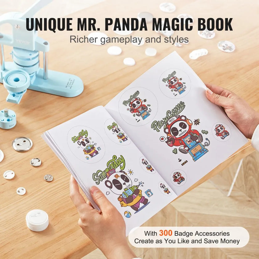 VEVOR Button Maker, 1/1.25/2.28 inch(25/32/58mm) 3-IN-1 Pin Maker, 300pcs Button Parts, Button Maker Machine with Panda Magic Book, Ergonomic Arc Handle Punch Press Kit, For Children DIY Gifts, Blue