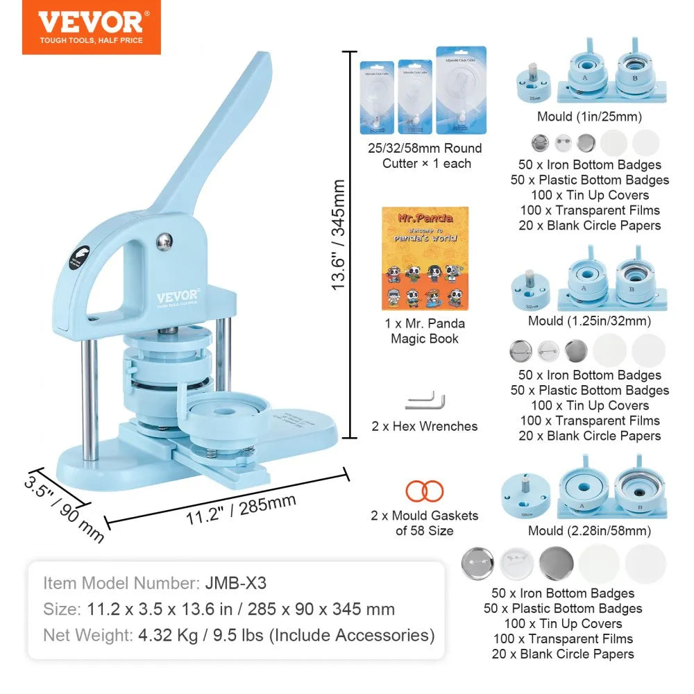 VEVOR Button Maker, 1/1.25/2.28 inch(25/32/58mm) 3-IN-1 Pin Maker, 300pcs Button Parts, Button Maker Machine with Panda Magic Book, Ergonomic Arc Handle Punch Press Kit, For Children DIY Gifts, Blue