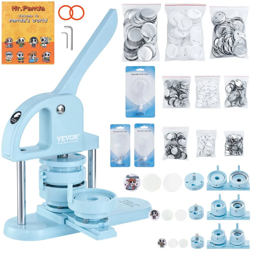 VEVOR Button Maker, 1/1.25/2.28 inch(25/32/58mm) 3-IN-1 Pin Maker, 300pcs Button Parts, Button Maker Machine with Panda Magic Book, Ergonomic Arc Handle Punch Press Kit, For Children DIY Gifts, Blue