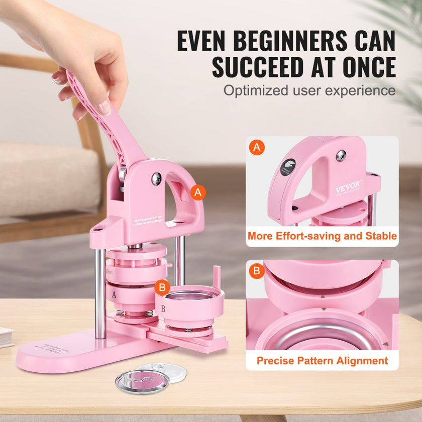 VEVOR Button Maker, 1/1.25/2.28 inch(25/32/58mm) 3-IN-1 Pin Maker, 300pcs Button Parts, Button Maker Machine with Panda Magic Book, Ergonomic Arc Handle Punch Press Kit, For Children DIY Gifts, Pink