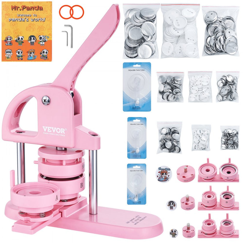 VEVOR Button Maker, 1/1.25/2.28 inch(25/32/58mm) 3-IN-1 Pin Maker, 300pcs Button Parts, Button Maker Machine with Panda Magic Book, Ergonomic Arc Handle Punch Press Kit, For Children DIY Gifts, Pink