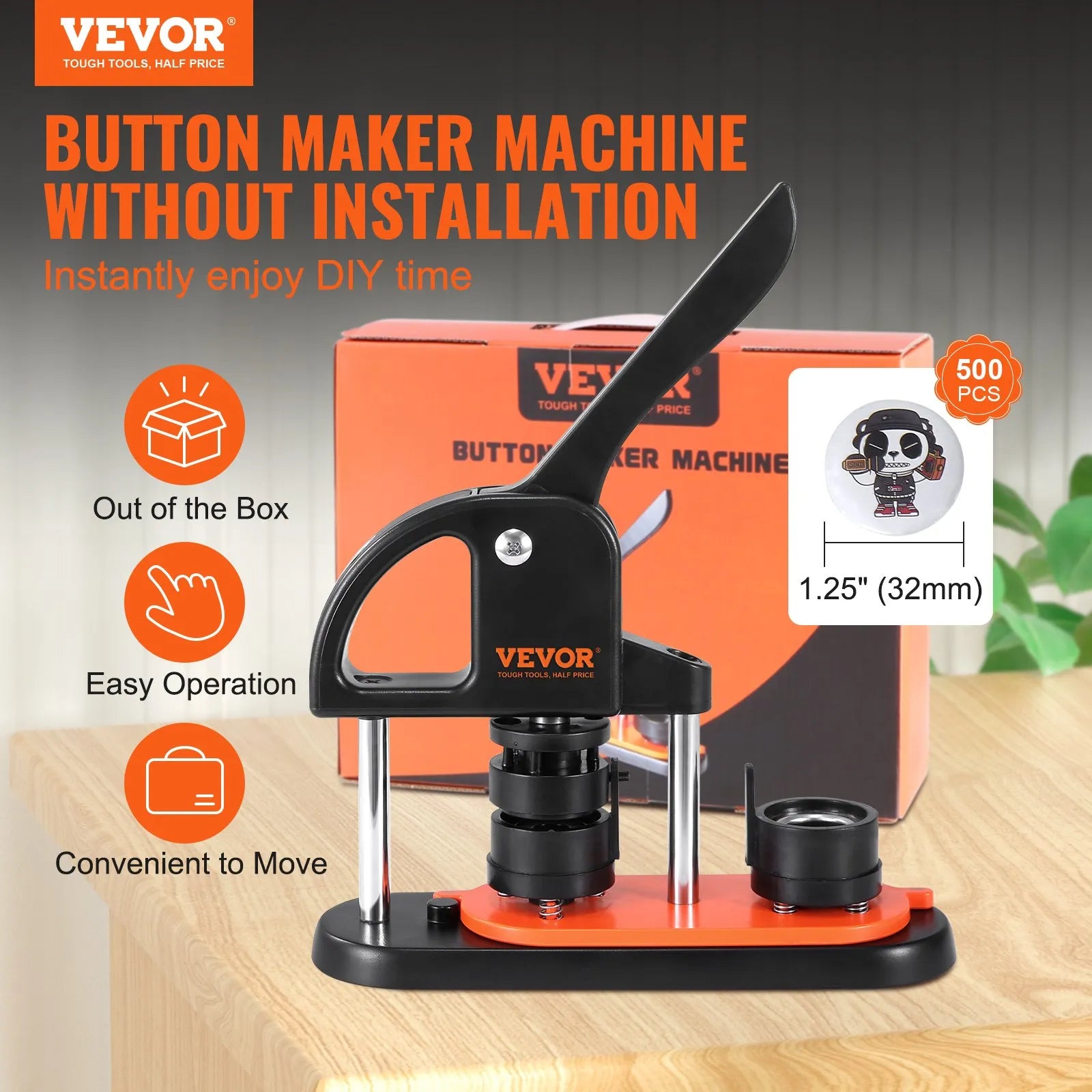 VEVOR Button Maker Machine, 1.25 inch/32mm Pin Maker, Installation-Free Badge Punch Press Kit, Children DIY Gifts Button Making Supplies with 500pcs Button Parts, Circle Cutter, Magic Book