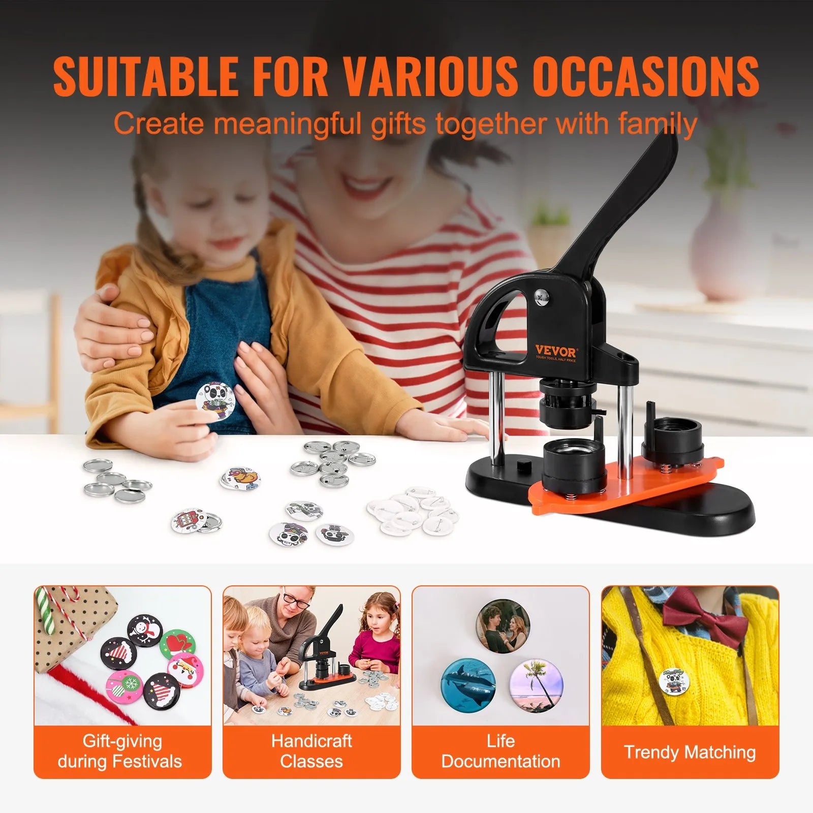 VEVOR Button Maker Machine, 1.25 inch/32mm Pin Maker, Installation-Free Badge Punch Press Kit, Children DIY Gifts Button Making Supplies with 500pcs Button Parts, Circle Cutter, Magic Book
