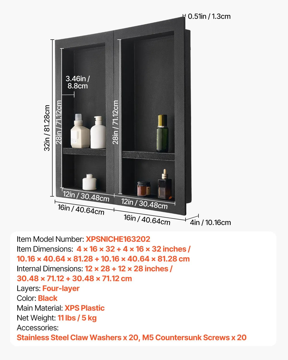 VEVOR Shower Niche, Recessed Wall Shelf, Bathroom Storage Shelf, Four-Layer Shower Niche, Waterproof Bathroom Shelf, XPS Plastic Wall Niche, Grid-Textured Storage Shelf, Modern Shower Storage, Dual-Unit Wall Shelf, Easy Install Bathroom Niche