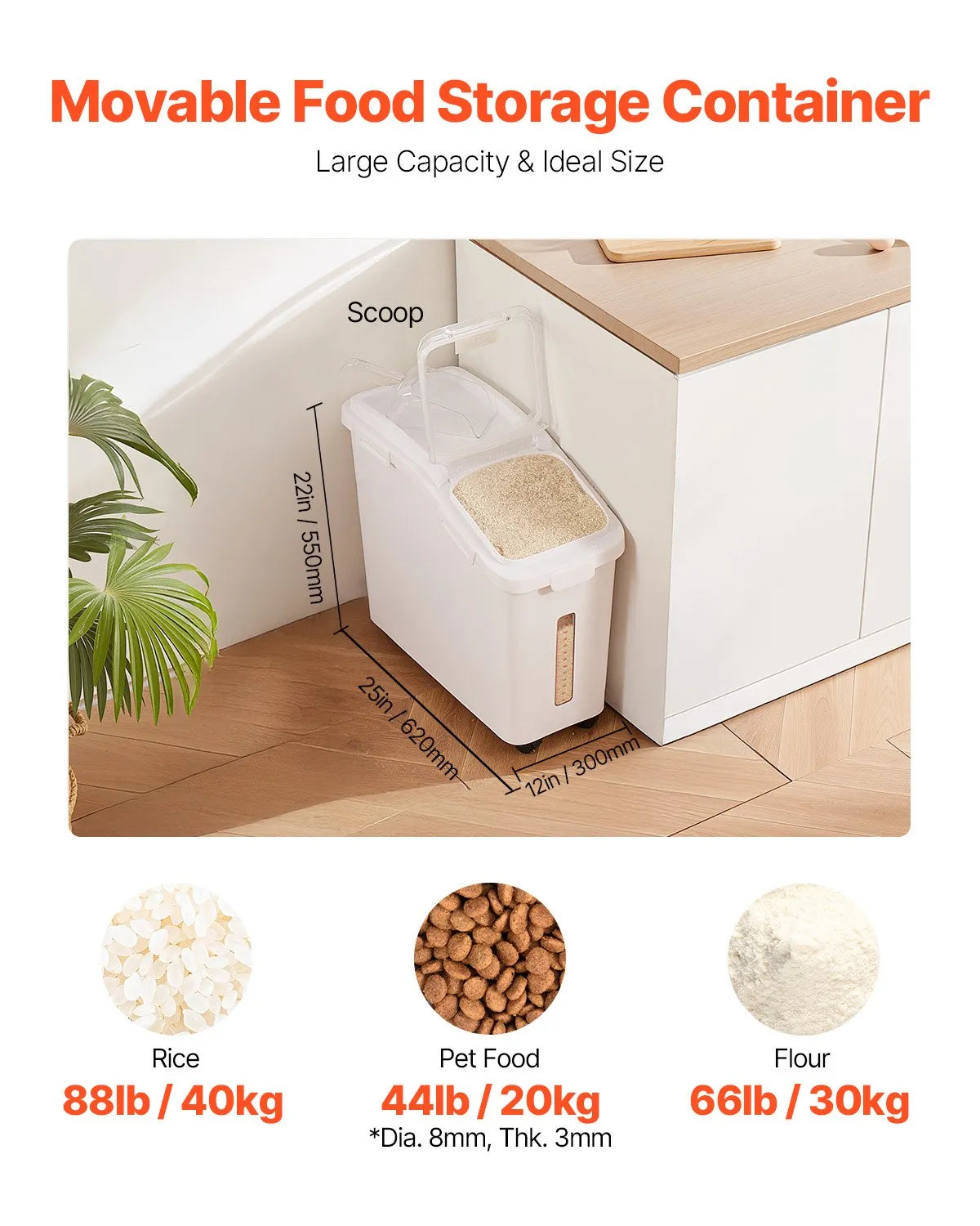 VEVOR Ingredient Storage Bin, 11.4 Gallon Capacity Shelf Ingredient Bin, 280 Cup Flour Bins on Wheels Commercial Prosave Shelf-storage Ingredient Bin with Lid and Scoop Rice Bin for Kitchen White