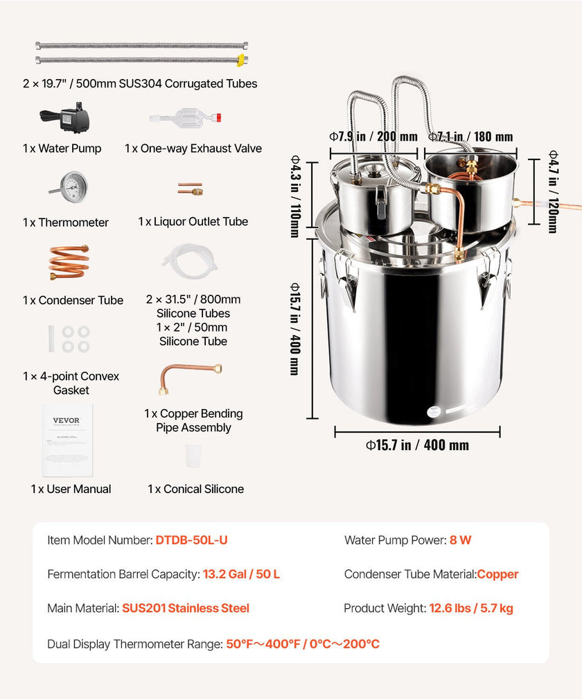 VEVOR Moonshine Still Water Alcohol Distiller 13.2Gal w/Thumper Keg & Water Pump