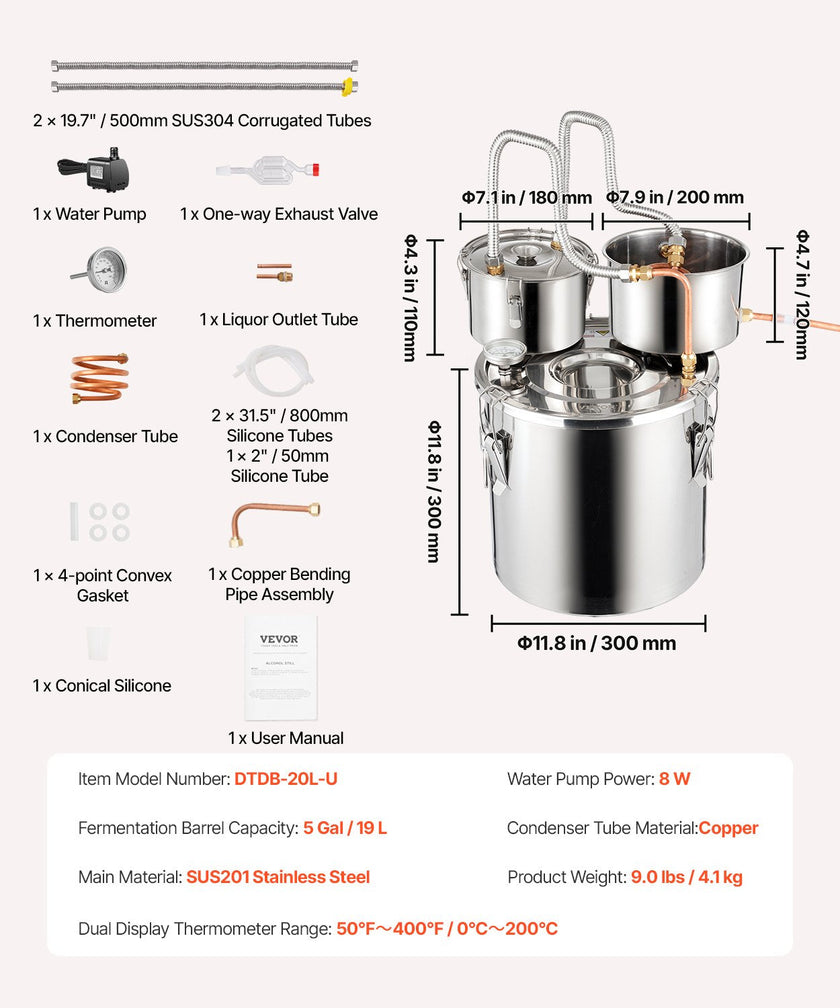VEVOR Moonshine Still Water Alcohol Distiller 5Gal w/Thumper Keg & 8W Water Pump