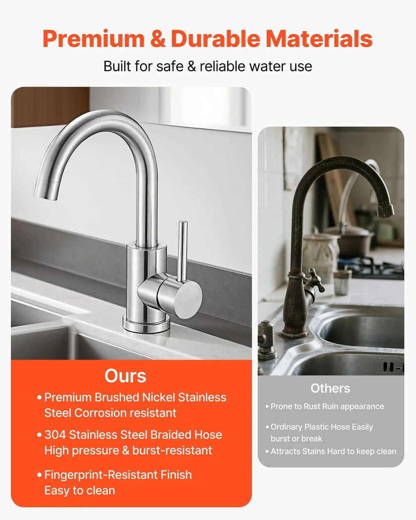 VEVOR Single Handle Sink Faucet, Kitchen Faucet Brushed Nickel Single Handle, Kitchen Water Faucets with Anti-Splash Aerator, Suitable for Bathroom, RV, Bar Sink, Public Restroom, High Arc Spout