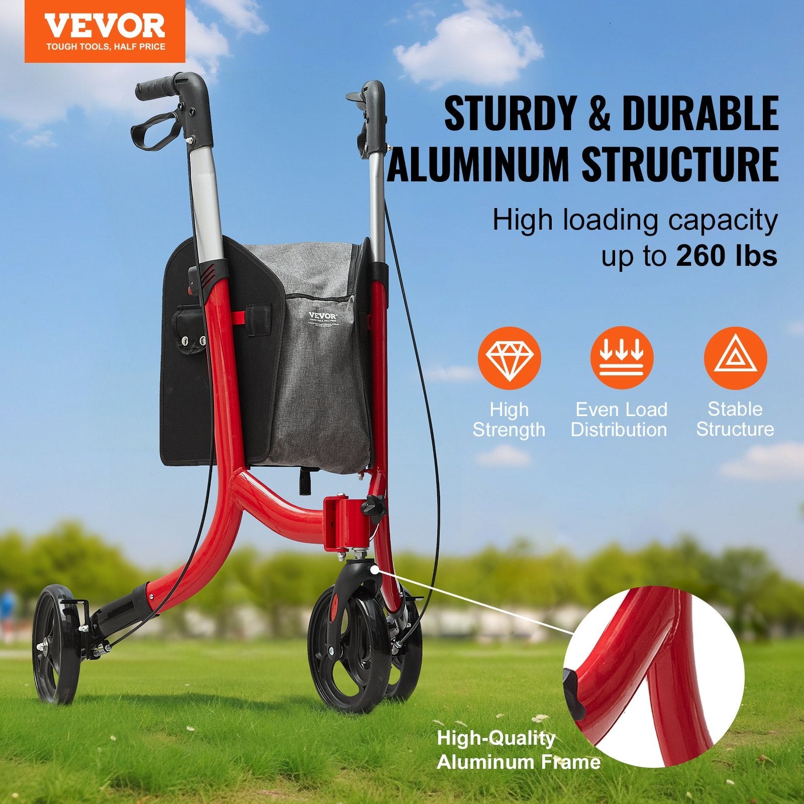 VEVOR 3 Wheels Rollator Walker for Seniors, Lightweight Aluminum Foldable Rolling Walker with Adjustable Handle, Outdoor Trio Mobility Walker with Large Wheels & Spacious Storage Bag, 260LBS Capacity