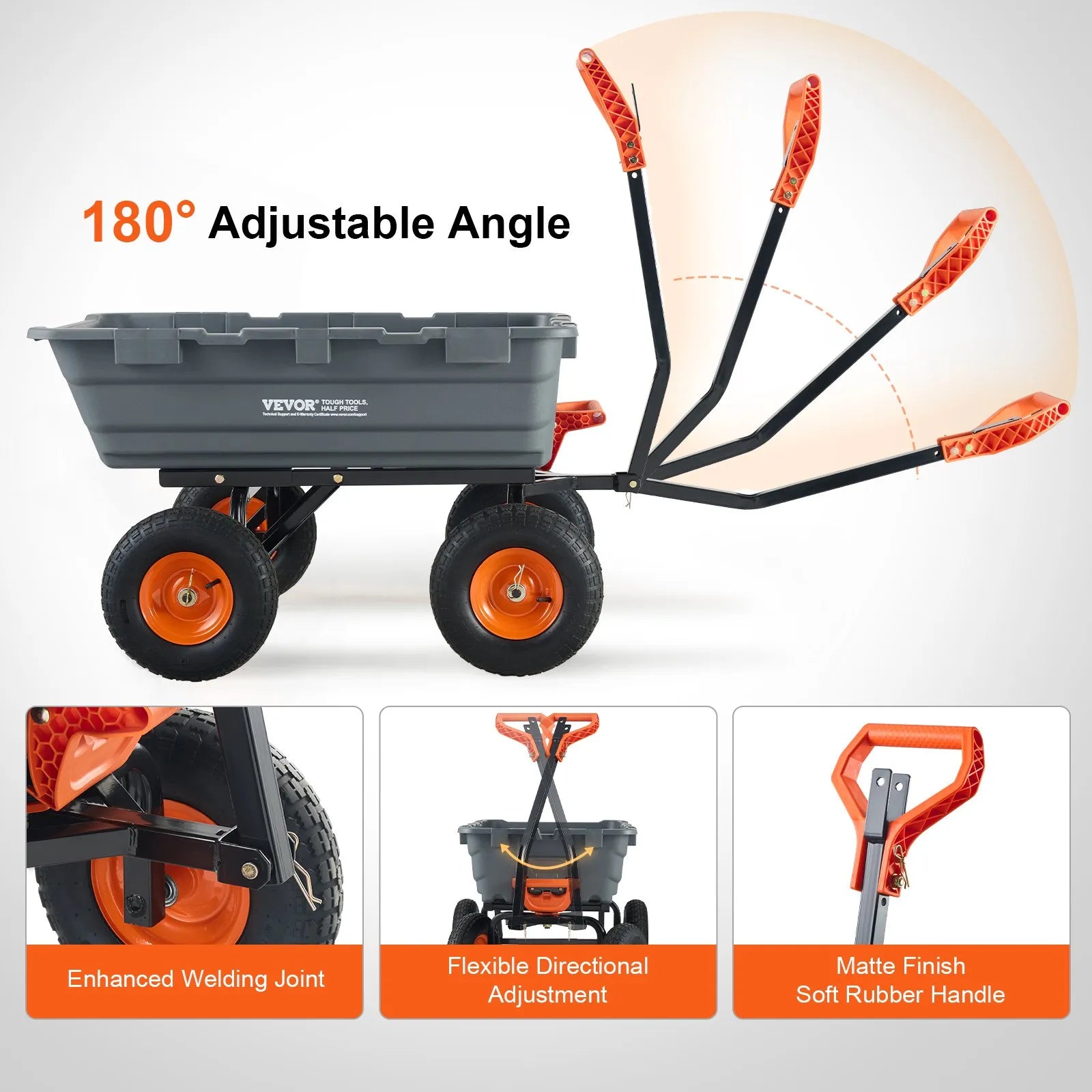 VEVOR Dump Cart, Poly Garden Dump Cart with Easy to Assemble Steel Frame, Dump Wagon with 2-in-1 Convertible Handle, 6.48 cu.ft Utility Wheelbarrow 1200 lbs Capacity, 13 inch Tires