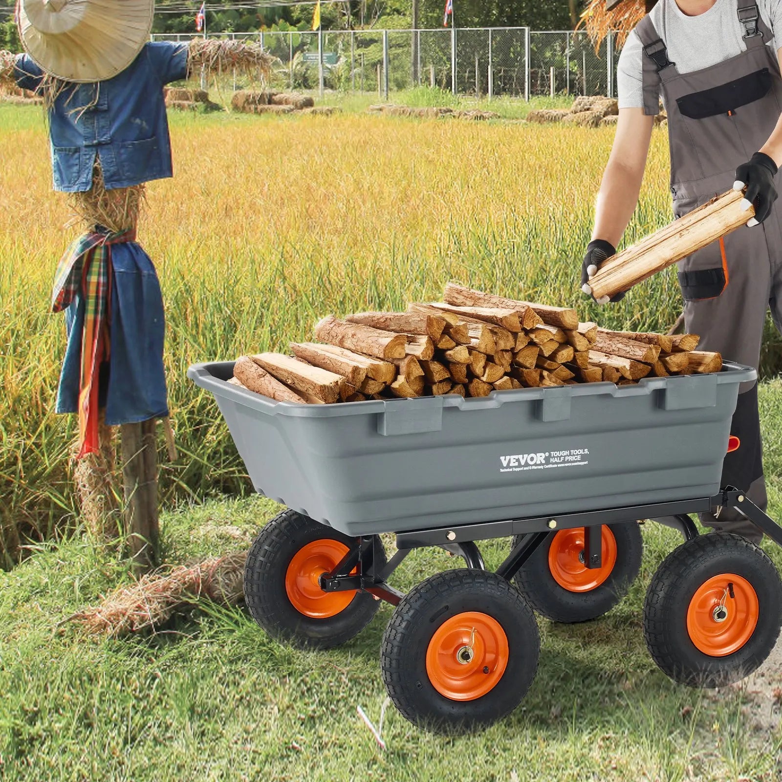 VEVOR Dump Cart, Poly Garden Dump Cart with Easy to Assemble Steel Frame, Dump Wagon with 2-in-1 Convertible Handle, 6.48 cu.ft Utility Wheelbarrow 1200 lbs Capacity, 13 inch Tires