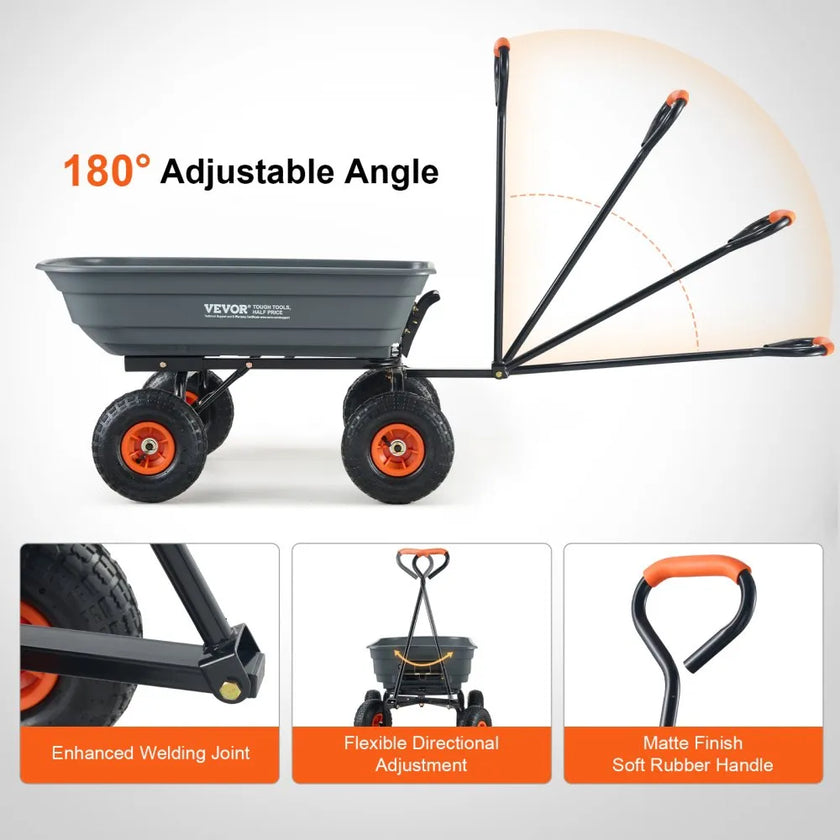 VEVOR Dump Cart, Poly Garden Dump Cart with Easy to Assemble Steel Frame, Dump Wagon with 2-in-1 Convertible Handle, Utility Wheelbarrow 600 lbs Capacity, 10 inch Tires