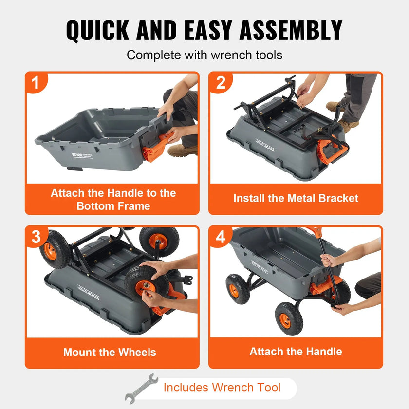VEVOR Dump Cart, Poly Garden Dump Cart with Easy to Assemble Steel Frame, Dump Wagon with 2-in-1 Convertible Handle, Utility Wheelbarrow 800 lbs Capacity, 10 inch Tires