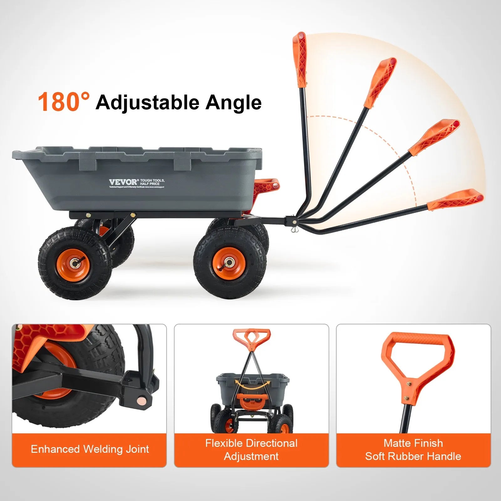 VEVOR Dump Cart, Poly Garden Dump Cart with Easy to Assemble Steel Frame, Dump Wagon with 2-in-1 Convertible Handle, Utility Wheelbarrow 800 lbs Capacity, 10 inch Tires