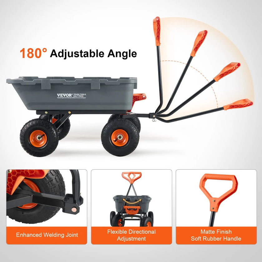 VEVOR Dump Cart, Poly Garden Dump Cart with Easy to Assemble Steel Frame, Dump Wagon with 2-in-1 Convertible Handle, Utility Wheelbarrow 800 lbs Capacity, 10 inch Tires