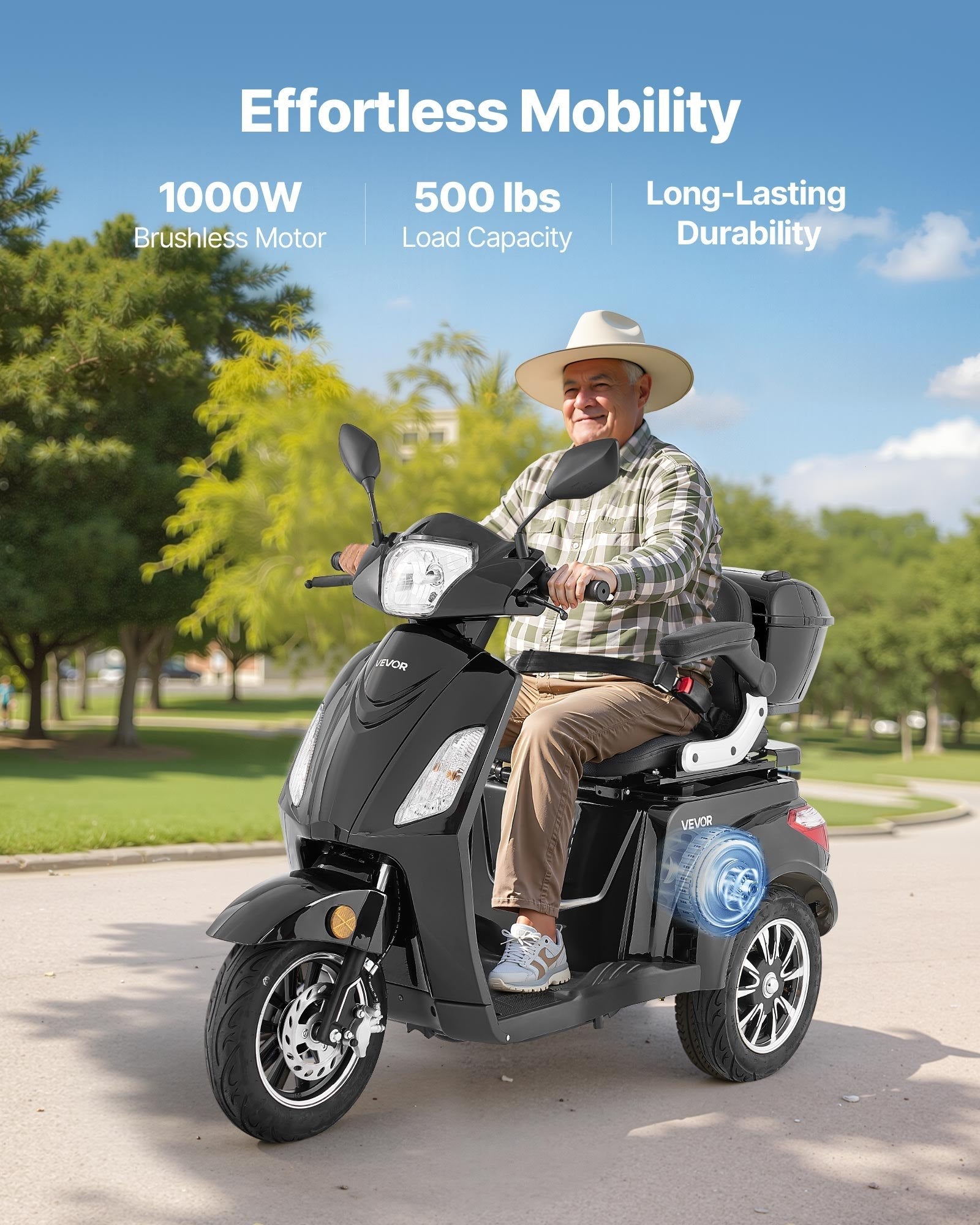 Heavy-Duty 3-Wheel Mobility Scooter for Seniors & Adults, 500 lb Capacity, 21.5 Mile Range, 1000W All-Terrain Electric Scooter