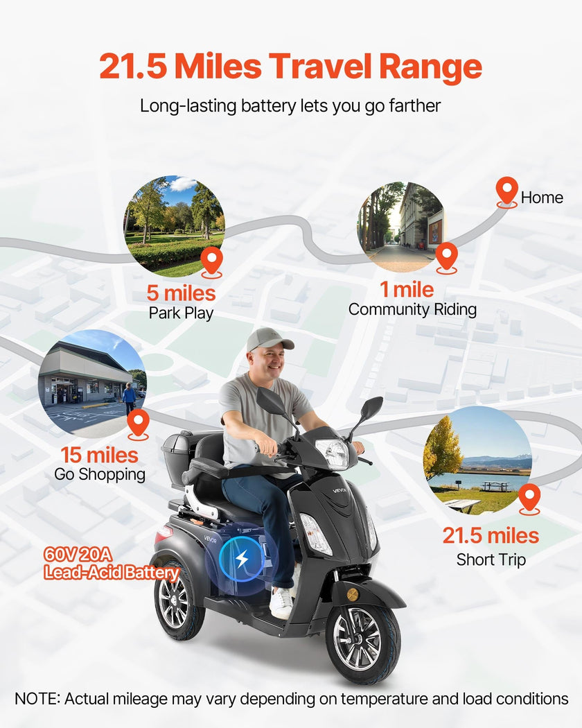 Heavy-Duty 3-Wheel Mobility Scooter for Seniors & Adults, 500 lb Capacity, 21.5 Mile Range, 1000W All-Terrain Electric Scooter