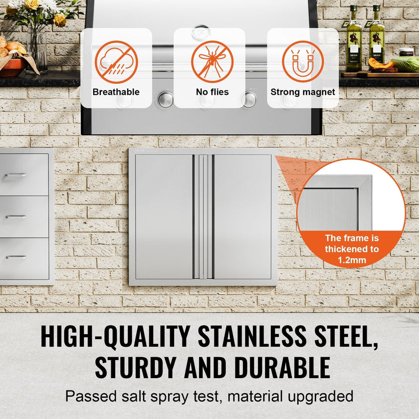 VEVOR BBQ Access Door, 26W x 24H Inch Double Outdoor Kitchen Door, Stainless Steel Flush Mount Door, Wall Vertical Door with Recessed Handles , for BBQ Island, Grilling Station, Outside Cabinet