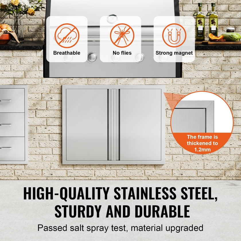 VEVOR BBQ Access Door, 31W x 24H Inch Double Outdoor Kitchen Door, Stainless Steel Flush Mount Door, Wall Vertical Door with Recessed Handles , for BBQ Island, Grilling Station, Outside Cabinet
