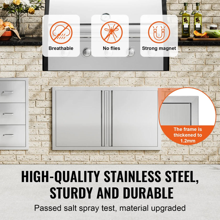 VEVOR BBQ Access Door, 36W x 21H Inch Double Outdoor Kitchen Door, Stainless Steel Flush Mount Door, Wall Vertical Door with Recessed Handles , for BBQ Island, Grilling Station, Outside Cabinet