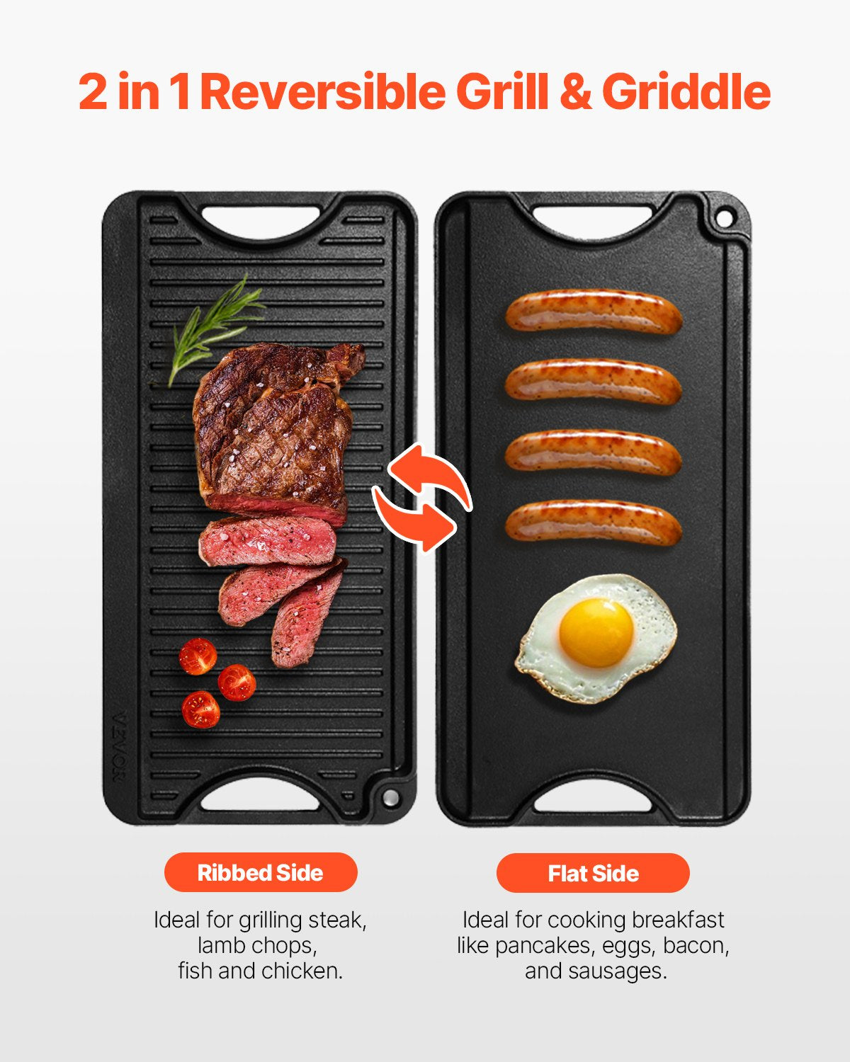 VEVOR 20x10 in Reversible Grill Griddle Pre-Seasoned BBQ Pan Cast Iron Black