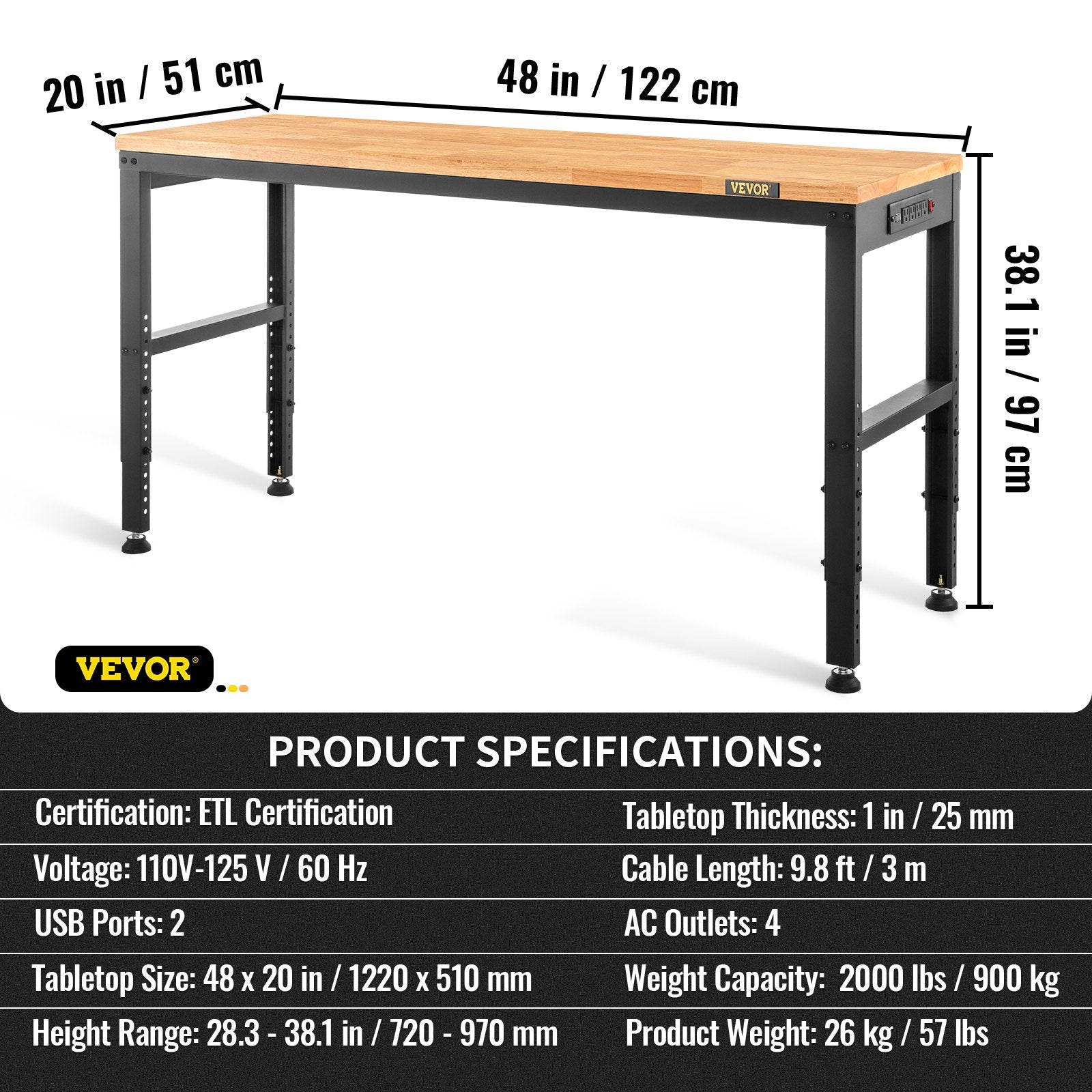 VEVOR Workbench Adjustable Height, 48