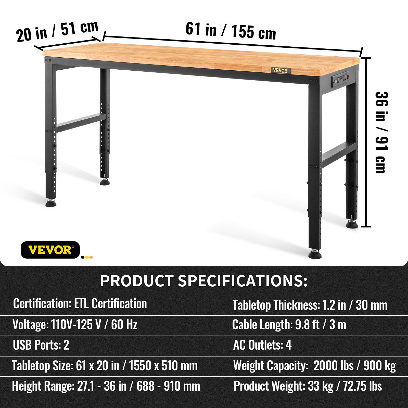 VEVOR Workbench Adjustable Height, 61