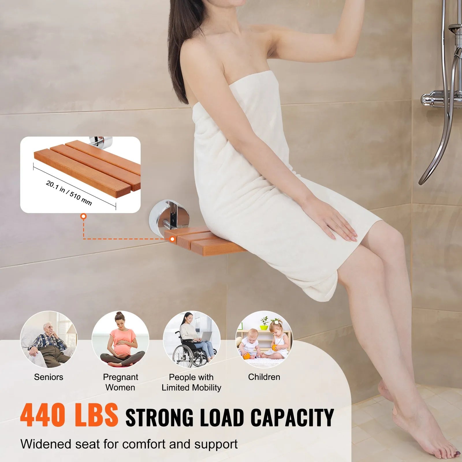 VEVOR Folding Teak Shower Seat 20.1