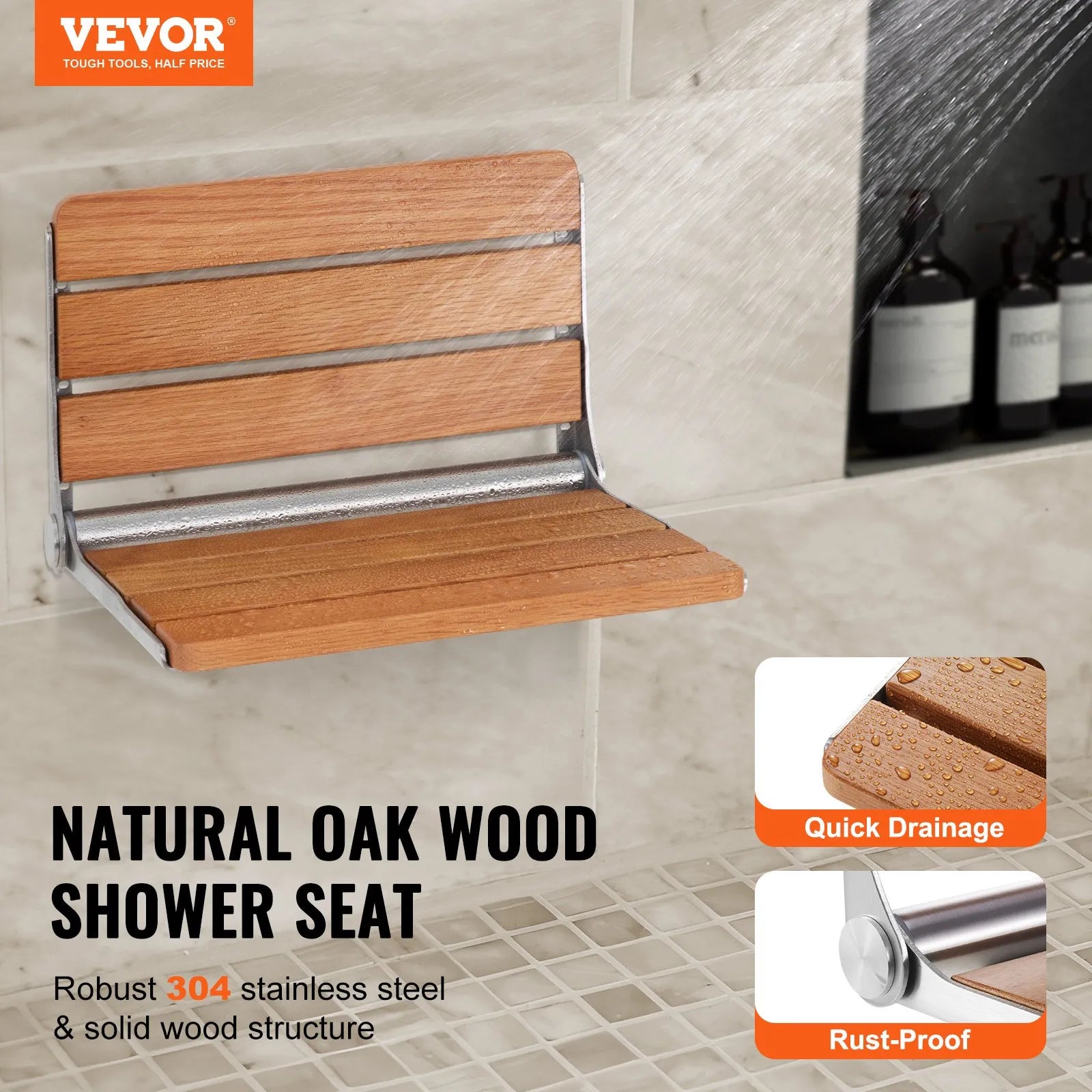 VEVOR Folding Oak Shower Seat 16.1