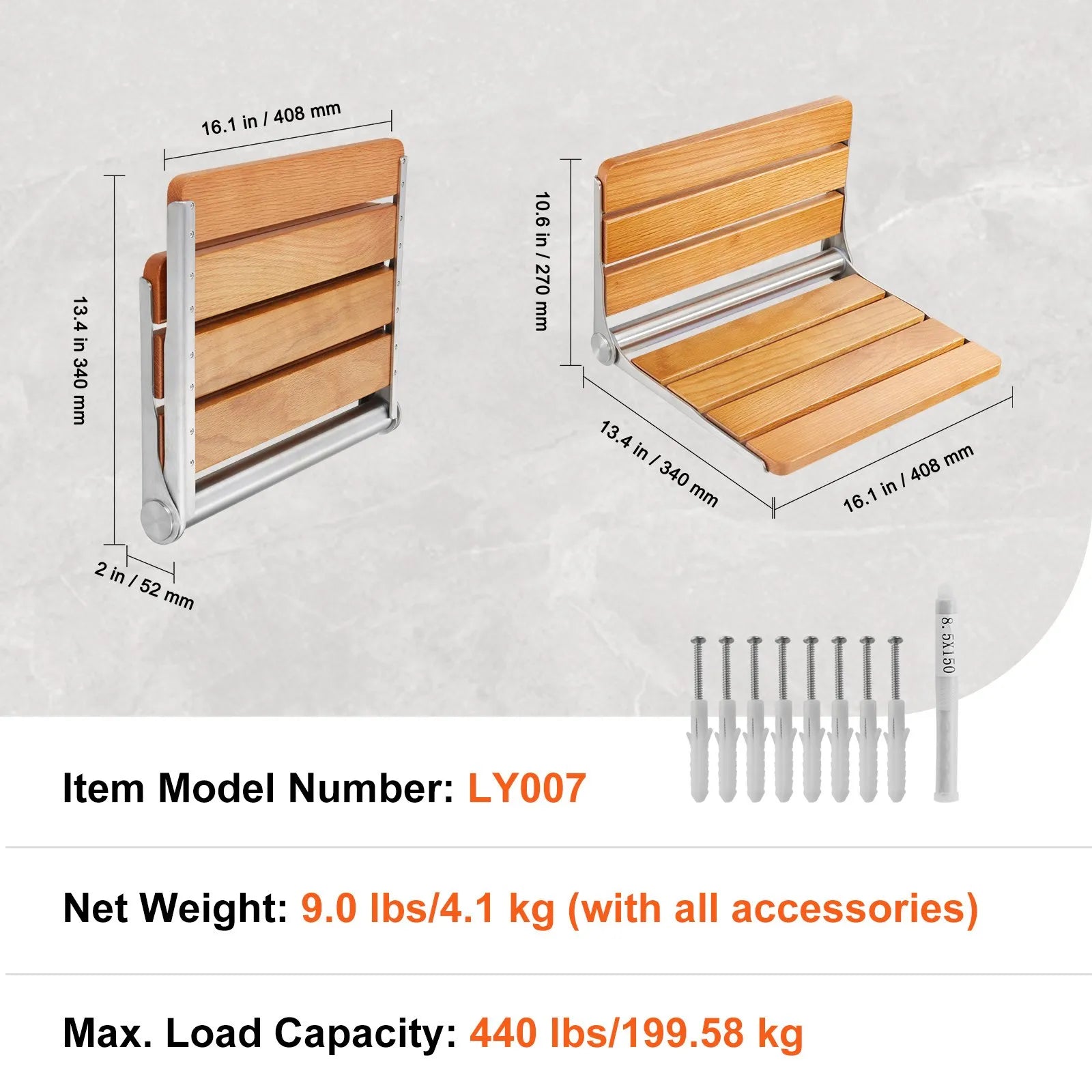 VEVOR Folding Oak Shower Seat 16.1